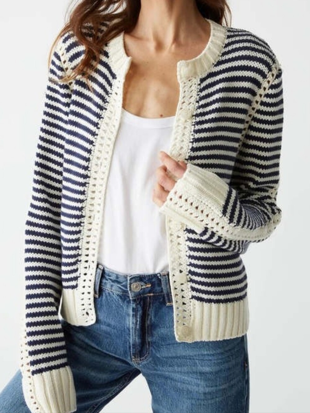 Michael Stars Adaline Navy Stripe Crochet Button Front Cardigan Sweater M
